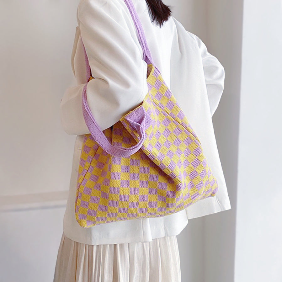Checkered Knitted Tote Bag